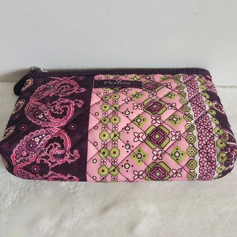 Modella Vintage Pink Purple Paisley Quilted Cosmetic Makeup Pouch Bag